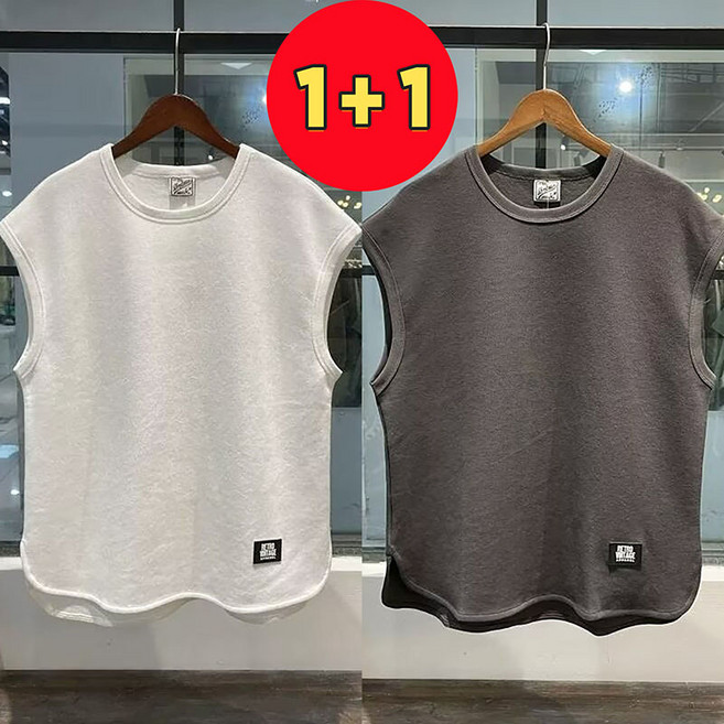 AOKADA 오버핏 민소매 티셔츠 남자 여름 라운드 나시티 빅사이즈 1+1