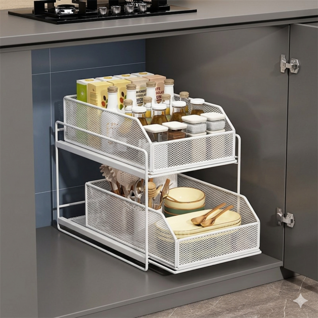 위디어 2단 슬라이딩 주방 선반 수납, 화이트, 1개