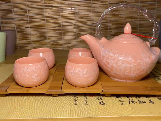 冰花瓷茶壺套裝 800毫升壺 120毫升杯 粉色 1壺4杯, 如圖所示, 1個