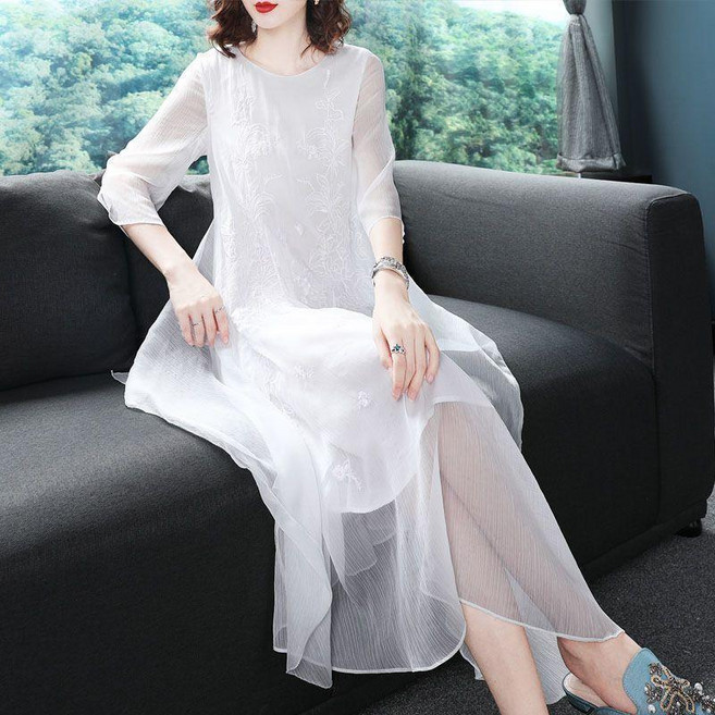 中國風刺繡改良旗袍連衣裙 春夏季復古長裙子, 白色,L, 白色