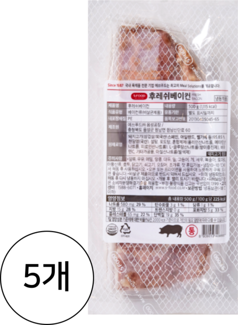 에쓰푸드 후레쉬 통베이컨 (500g ) 간식 안주, 500g, 5개