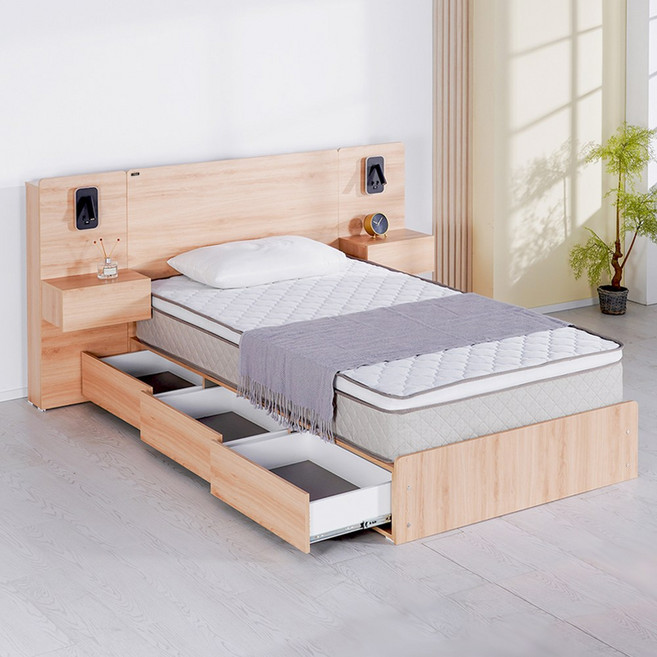 (매트포함)보루네오 100%국내생산 데이지 호텔 LED 통서랍 침대프레임 SS Q+독립스프링 유로탑 세트(협탁 미포함), 01.데이지(오크) 독립스프링 유로탑