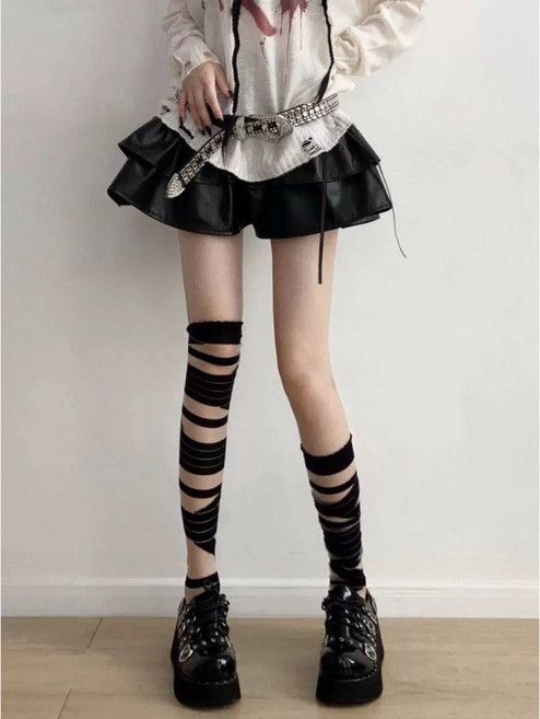 角色扮演繃帶襪套，個性造型，舒適透氣，多種搭配，角色扮演服裝配件, 黑色不規則過膝襪, 1個