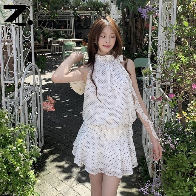 Zoovit 여름 프릴 도트 미니 원피스 여성 홀터넥 민소매 원피스