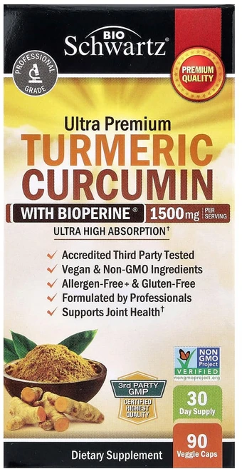 바이오슈바르츠 강황 커큐민 Bioperine 함유 1500mg 캡슐 90정(캡슐당 500mg), 90정, 1개 - 쿠팡