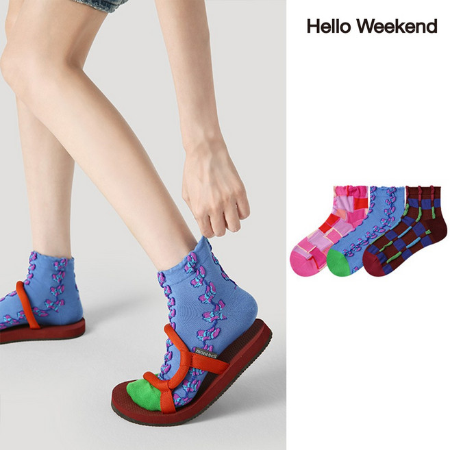 Hello Weekend 여성 귀여운 멀티컬러 봄여름 양말 중목 양말 운동 3족 세트
