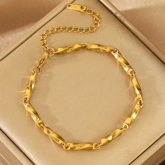 여성 4mm 골드 도금 체인 팔찌 17cm 레이어드 꽈베기 대나무 체인 변색방지 여자 쥬얼리