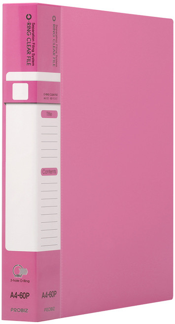 프로비즈 3공 O링 클리어파일 바인더화일 60매, 1개, 핑크