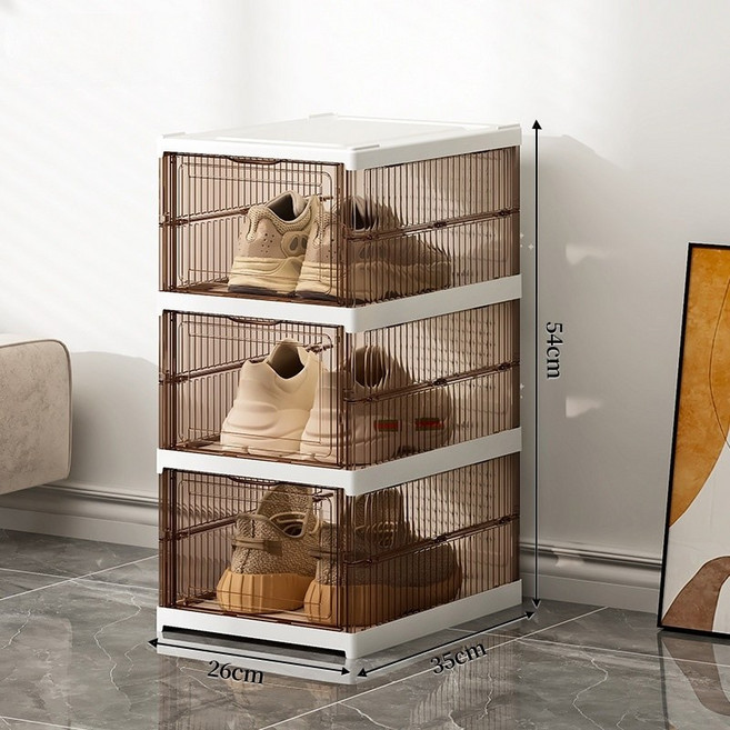 접이식 투명 슈박스 고하중 겹침 가능 대형 스니커즈 사용 가능, 갈색-3단, 1개