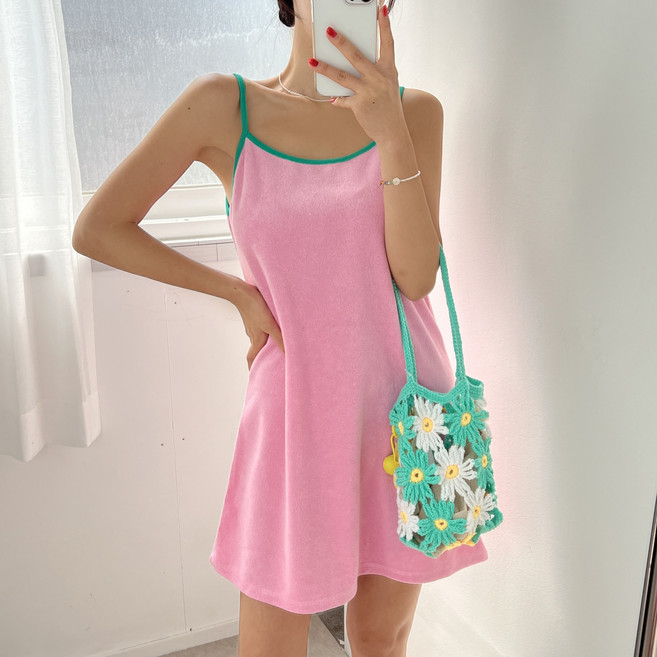 (미니 롱 ver) 타올 비치웨어 랍빠 배색 스퀘어넥 테리 루즈핏 끈 나시 롱 미니 원피스 5color 커버업