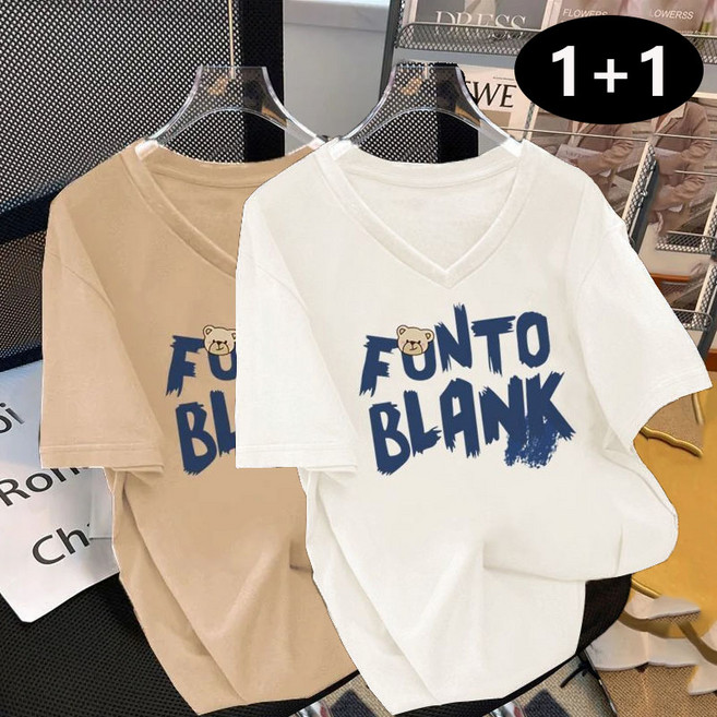 MAKABORO 1+1 여성 곰돌이 프린트 반팔 티셔츠 여름 루즈핏 브이넥 캐주얼 티셔츠