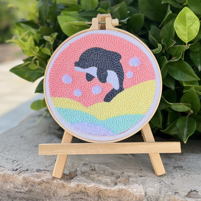 卡通小青蛙刺繡DIY材料包 戳戳繡套組, 海洋戳戳繡 - 藍悅非成品16cm仿竹繃 - 細線 材料包內含戳筆工具, 1套