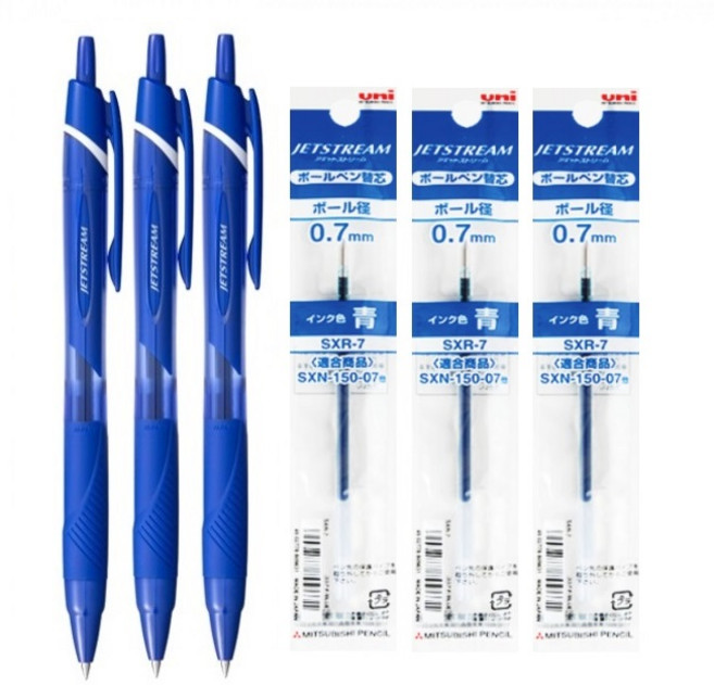 더주니 유니 제트스트림 SXN-150 단색 볼펜 3개 + 리필 3개 세트, 1개, 0.7mm 블루 3개 + 리필 3개 세트