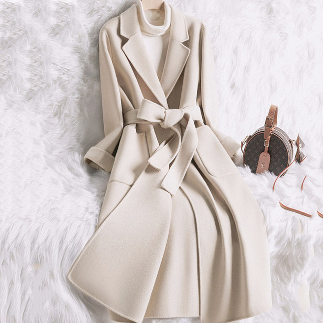 FANSYLI 여성 프리미엄 모직 코트 가을 겨울 롱 슬림 모직 트렌치 패션 벨트 통근 코트 W2512D10