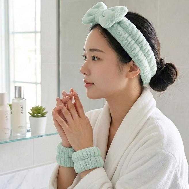 뷰레이터닷컴 극세사 리본 세안 헤어 손목 밴드세트 세면 세안 머리띠 세수 샤워 목욕 밴드, 1개, 그린