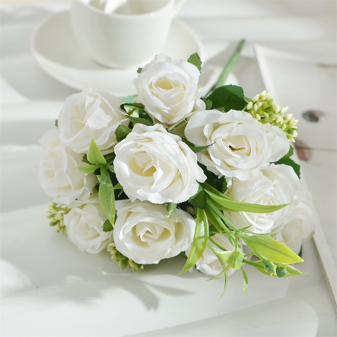 嗨購 仿真玫瑰花束 婚禮家居裝飾 茶包玫瑰 客廳擺件, 白色, 1個