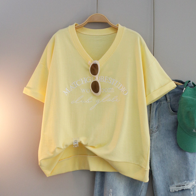 달콩 ROOM자수브이넥맨투맨 여성 반팔 티셔츠 오버핏 루즈핏 봄 여름