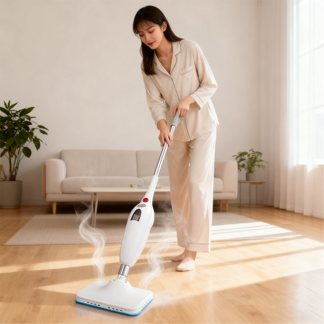 RichMagic 스팀 청소기 15초 초고속 스팀 400ml 가시성 대용량 물통1300W 파워 스팀 청소기 거치대 패드 증정, 화이트, 1개