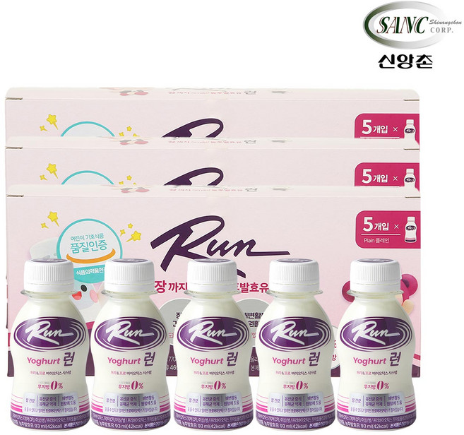 신앙촌 런 프로바이오틱스 플레인 유산균음료 마시는요구르트 어린이기호식품 93ml 15병, 15개