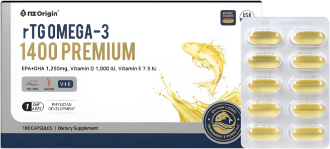 HnF (리뉴얼 최신제조) 엔젯오리진 알티지 오메가3 1400 프리미엄 1000IU 고함량 장용성캡슐 100%미국직수입 식약처인증, 1회분, 180개