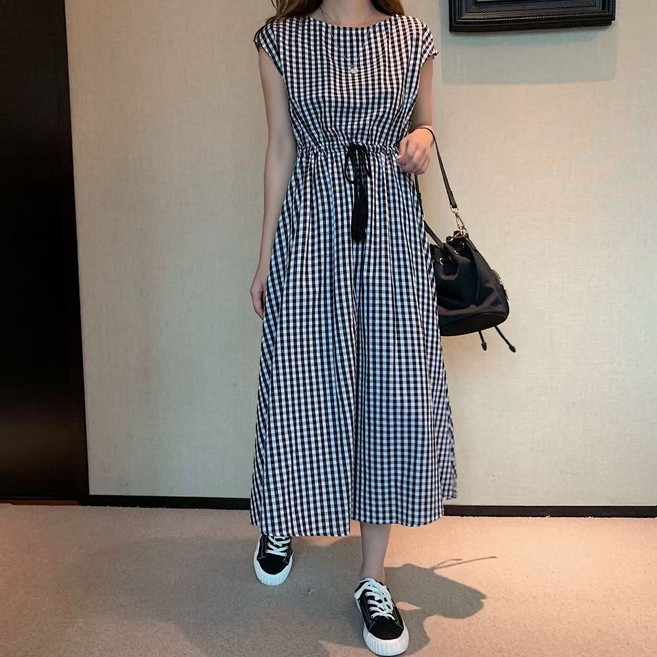 ANYOU 여름 여성 허리 조임 오버사이즈 원피스 면 린넨 반팔 원피스