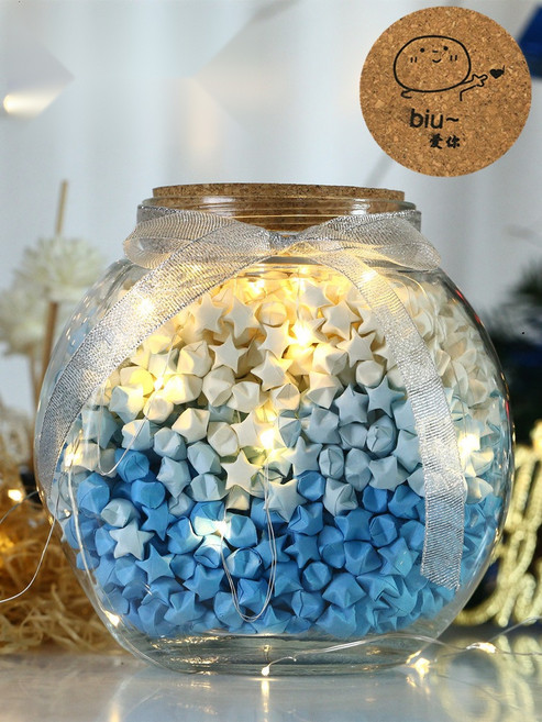 종이학유리병 장식 꽃 생일 간단한 100일 예쁜병, 대형 + 조명