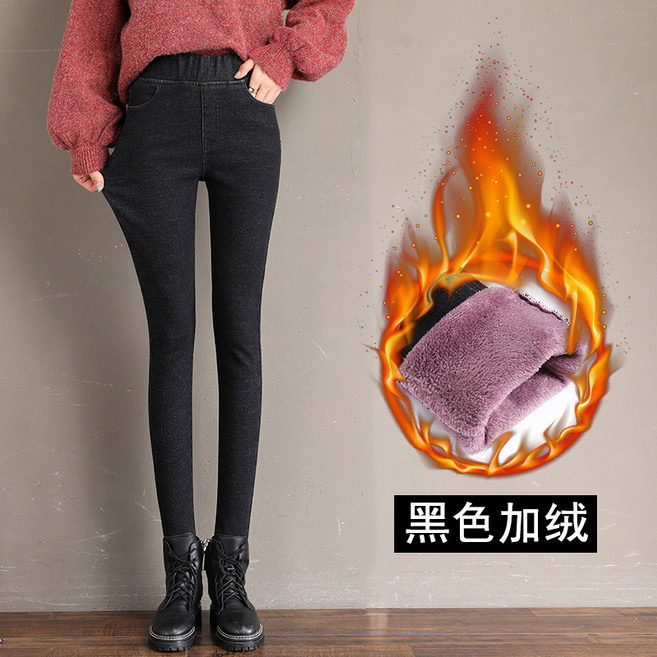플러스 벨벳 청바지 여성의 2022 년 겨울 새로운 하이 웨이스트 슬림 패딩 따뜻한 착용 타이트한 스트레치 레깅스 조수
