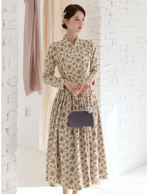 시크라인 새얀 코듀로이 래글런 잔꽃 철릭 원피스 빅사이즈 생활한복 명절