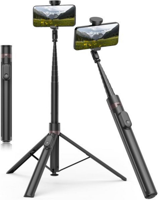 TONEOF 66인치 자동 삼각대 열림 휴대폰 스탠드(자석 충전 가능 리모컨 포함) 셀카봉 360° 수직 수평 회전 안정적인 여행용 아이폰/안드로이드(검정색), Black, 70in, 1개