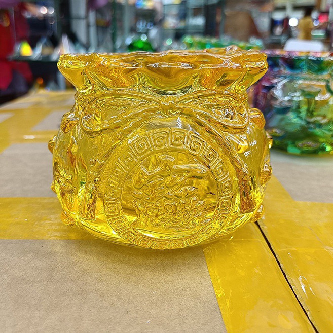 水晶琉璃錢袋福袋聚寶盆 居家辦公室店鋪擺件 招財納福 黃色彩色兩款可選 直徑12公分, 黃色,直徑12*高8公分（大）, 1個