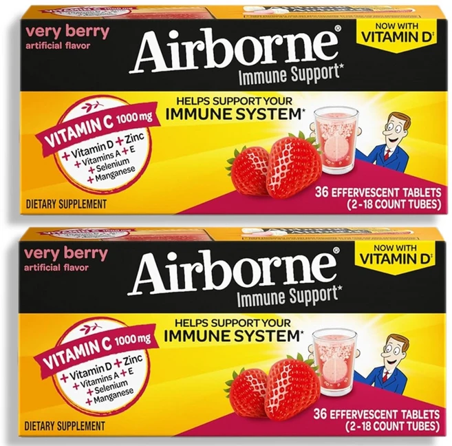 Airborne 에어본 이뮨 발포비타민 베리맛 36 타블렛 2팩, 2개, 36정 - 쿠팡