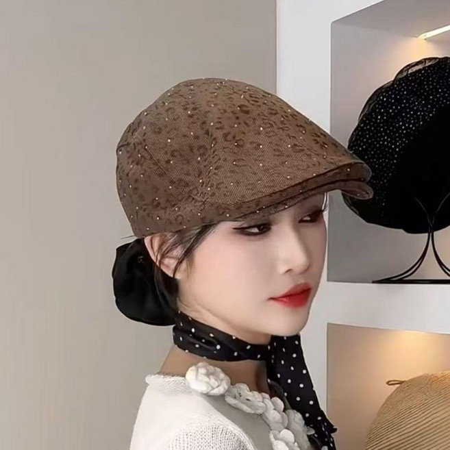 精品 滿鑽豹紋 前進帽 女 顯臉小 貝雷帽 畫家帽