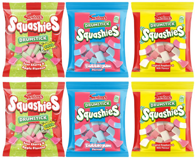 스위즐스 드럼스틱 스쿼시 젤리 사워체리앤 애플 버블껌 라즈베리앤 밀크 맛 Squashie DrumStick Candies Variety Pack, 6개, 119g