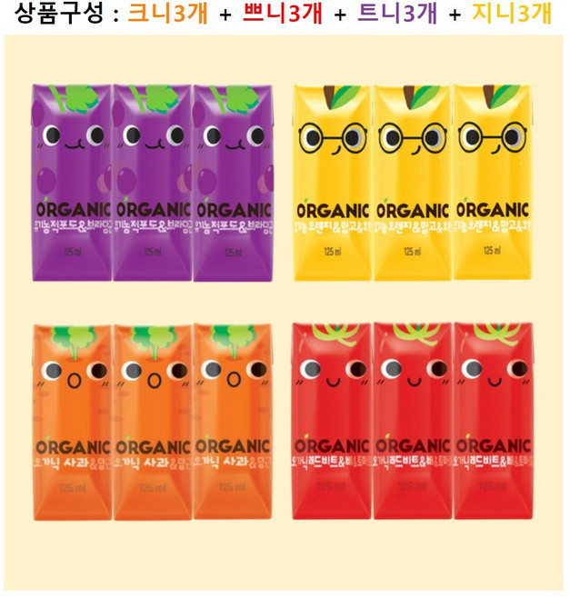 롯데칠성 크니쁘니트니지니 4가지맛 각3개(총12개) 오가닉 유기농 어린이 아이 주스 간식, 125ml