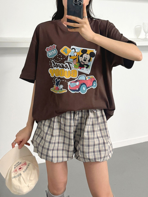 (무배)디즈니 트래블 박스 미키 캐릭터 덤블 워싱 박스 오버핏 남여공용 반팔 롱 티셔츠