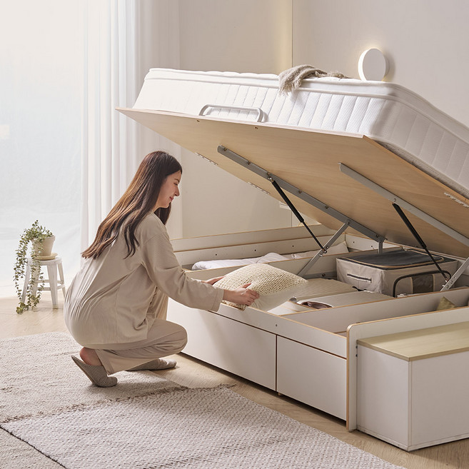 [베디스] 빅수납 벙커침대 무빙업 리프트업 수납 침대프레임 SS / Q (추가옵션 미포함), 메이플화이트