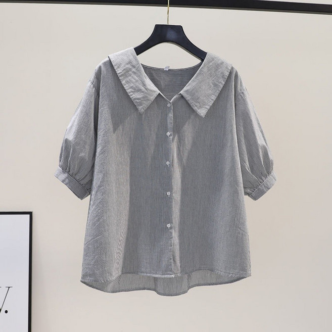 스타일아유 면100% 상큼한 스트라이프 카라넥 셔츠 루즈핏 스타일리시 반팔 블라우스 여성용 BL1774