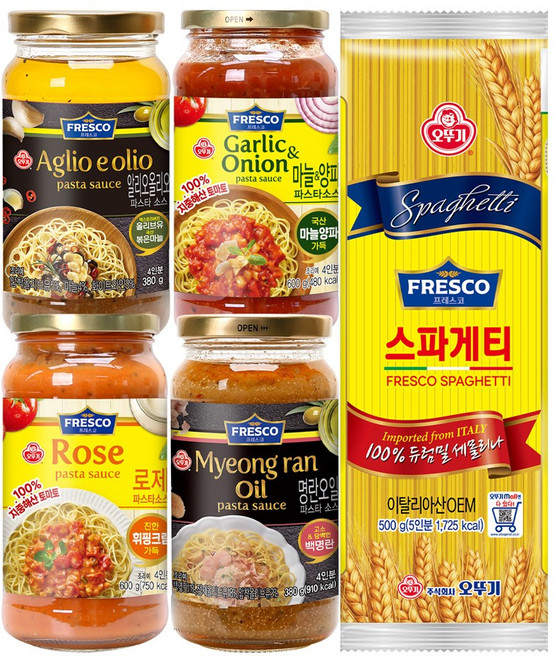 오뚜기 프레스코 파스타소스 4개(마늘양파+로제+알리오올리오+명란오일)+스파게티면 500g 1개, 2.46kg, 1세트