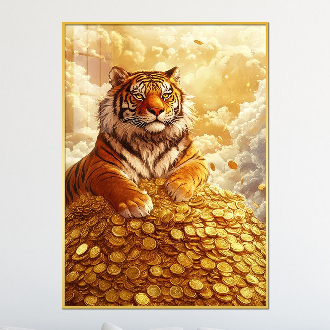 아트블루 길조와 수호를 상징하는 풍수 인테리어 사무실 거실 호랑이 그림 액자, 골드색(4.황금코인 위 호랑이_구름배경)