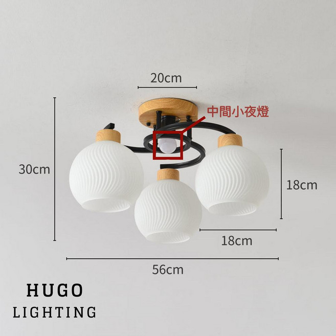 HUGO LIGHTING 日式木紋玻璃吸頂燈，立體S紋設計，臥房客廳主燈, 黑色 / 3燈,中間無物 / 無分段