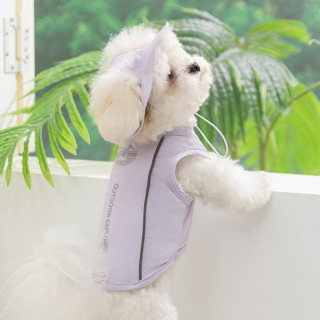 Coablu강아지 고양이 여름 쿨 나시 티셔츠 통기성 좋은 모자 세트, 1개, 보라색 옷 + 모자