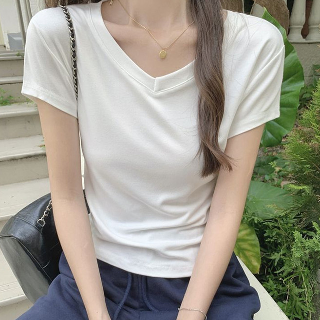 후암마켓 여성용 무지 브이넥 면스판 반팔 티셔츠 기본티 이너티