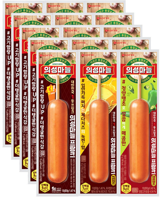 [푸드원스토어] 롯데 의성마늘 후랑크 오리지날 5 + 치즈 5 + 매콤땡초맛 5, 15개