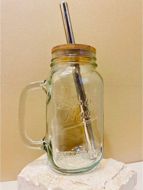 梅森罐 玻璃杯 24oz 寬口玻璃瓶, 1個, 梅森罐把手+蓋子+鋼吸管
