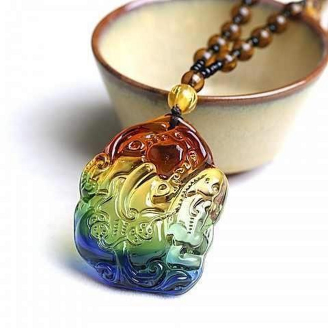 琉璃吊墜 古法琉璃 母子貔貅掛件 狐狸項鍊 男女佛觀音飾品, 母子貔貅三彩, 1個