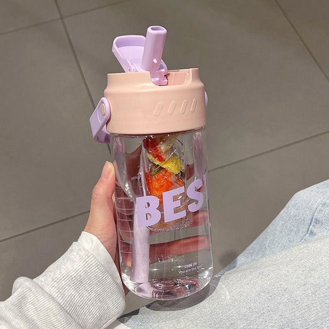 夏日茶杯 獨立茶倉 800ml 水果茶杯 直飲吸管 便攜提手 ins風格 顏值水杯, 粉紫色, 1個