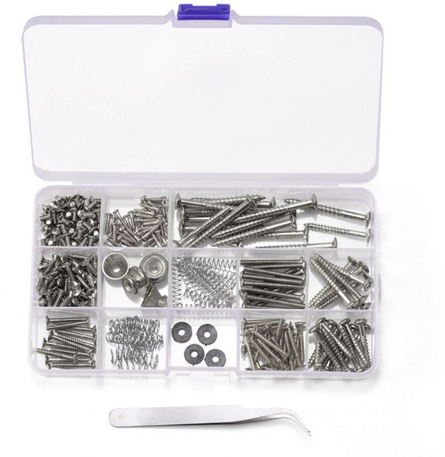 254pcs/로트 기타 나사 키트 백 플레이트 마운트 kit 전기 기타 DIY 도구를위한 저장 상자 은색, 은