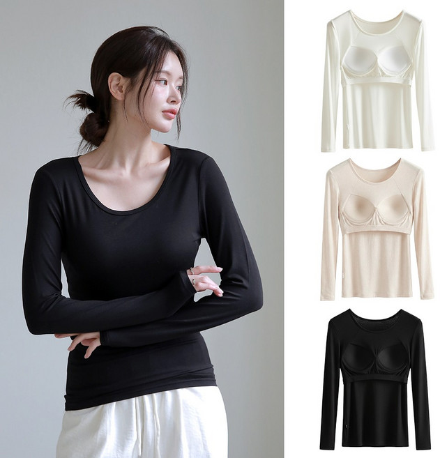 노브라 캡내장 모달 슬림핏 긴팔 내의 상의 히트앤웜 발열 브라탑 25FW