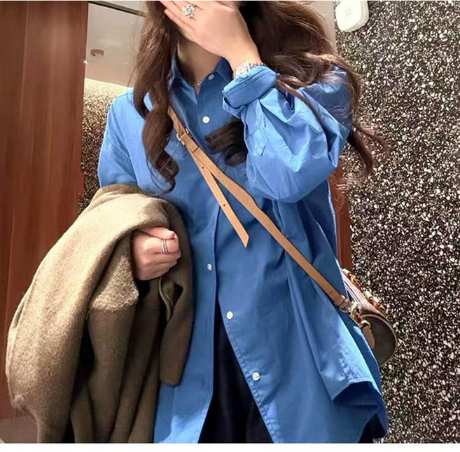 슬림소녀 여성 여름 고급스러운 블루 셔츠 상의 아우터 루즈핏 긴팔 기질 셔츠