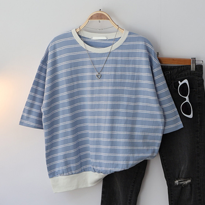 스카이코코 여성 반팔 티셔츠 두줄 단가라 7부 맨투맨